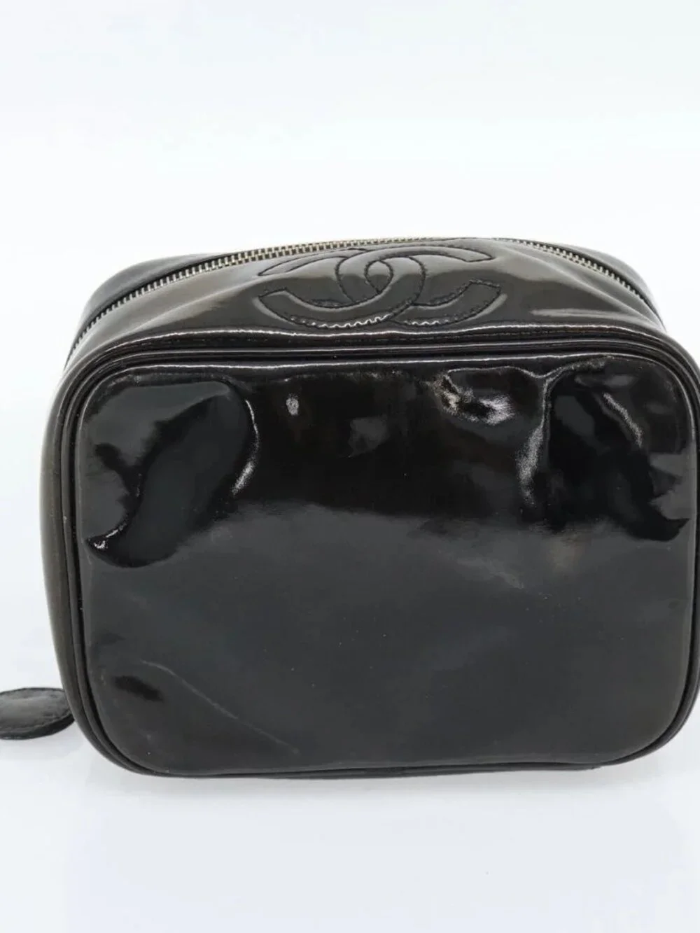 CHANEL Vanity Cosmetic Pouch Patent leather Black CC Auth bs15339